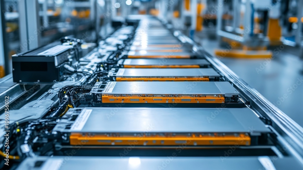 Assembly Line of Battery Modules in Factory Setting Assembly Line of Battery Modules in Factory Setting