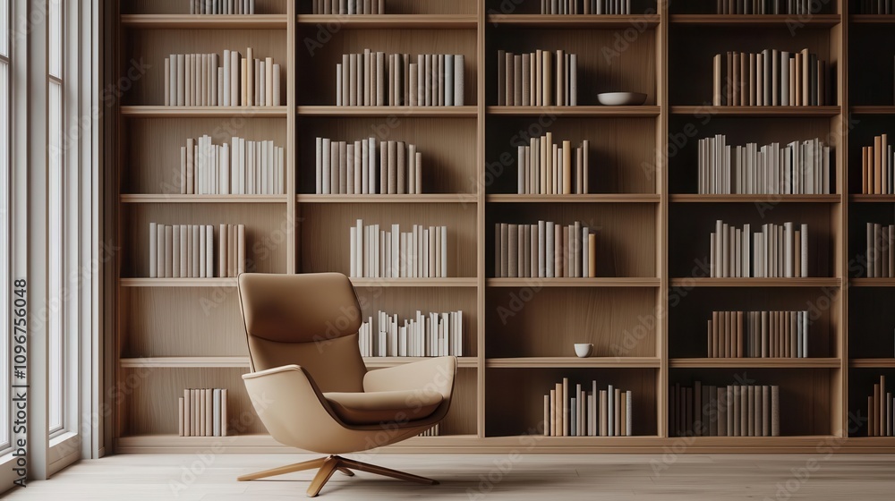 A sleek libraryoffice featuring builtin bookshelves, a minimalist chair, and a neutral color palette for a serene, organized atmosphere A sleek libraryoffice featuring builtin bookshelves, a minimalist chair, and a neutral color palette for a serene, organized atmosphere