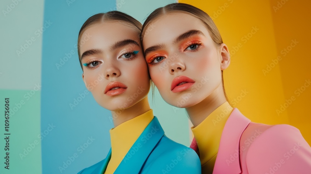 Symmetrical Elegance: High-Fashion Twin Models in Color Block Ambiance with Sharp Lighting and Contrasting Makeup Symmetrical Elegance: High-Fashion Twin Models in Color Block Ambiance with Sharp Lighting and Contrasting Makeup