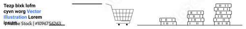 Shopping cart moving towards stacked books representing accumulation of knowledge or e-commerce transactions. Ideal for educational platforms, e-commerce, online shopping, book sales, knowledge