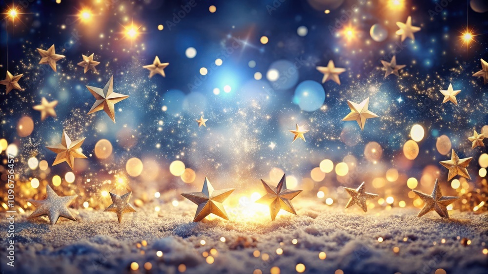 Golden Stars Shimmering on a Bed of Snow with Sparkling Lights and a Magical Blue Background Golden Stars Shimmering on a Bed of Snow with Sparkling Lights and a Magical Blue Background