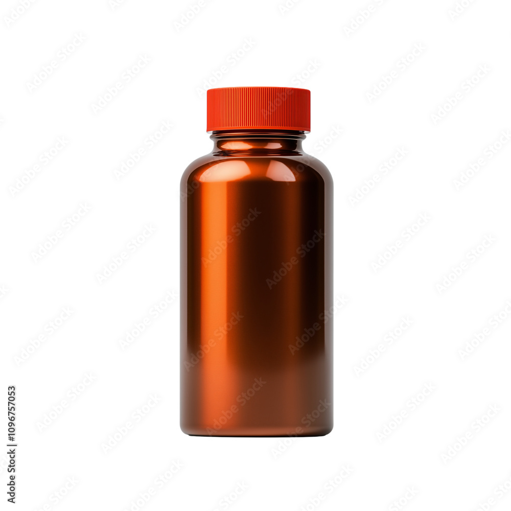 Matte bronze metallic bottle with bold red lid, refined cylindrical design, and transparent background Matte bronze metallic bottle with bold red lid, refined cylindrical design, and transparent background