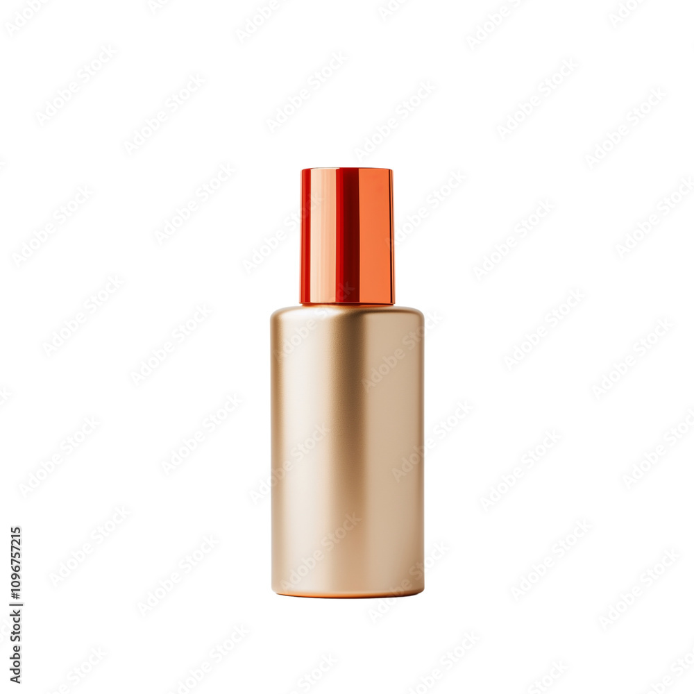 Metallic golden bottle with vibrant orange cap, minimalist cylindrical design, and transparent background appeal Metallic golden bottle with vibrant orange cap, minimalist cylindrical design, and transparent background appeal
