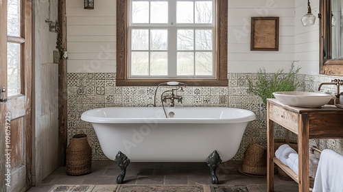 Rustic bathroom with a clawfoot tub, surrounded by vintage tiles and natural wood elements, evoking a classic, timeless feel