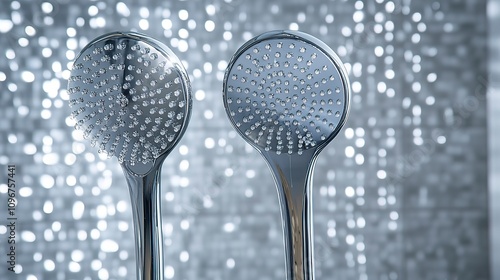 Shiny silver showerheads installed against sleek bathroom tiles, with water droplets glistening, symbolizing the refreshing experience of a modern shower setup