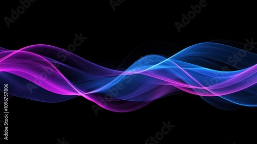 Abstract wavy lines of blue and purple light on black background.