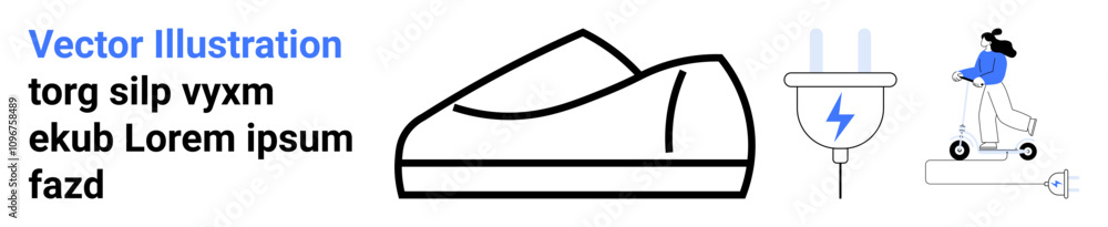 Electric plug and charging symbol, sleek modern sneakers, person riding electric scooter. Ideal for technology, transportation, urban mobility, eco-friendly, future lifestyle, electric vehicles Electric plug and charging symbol, sleek modern sneakers, person riding electric scooter. Ideal for technology, transportation, urban mobility, eco-friendly, future lifestyle, electric vehicles