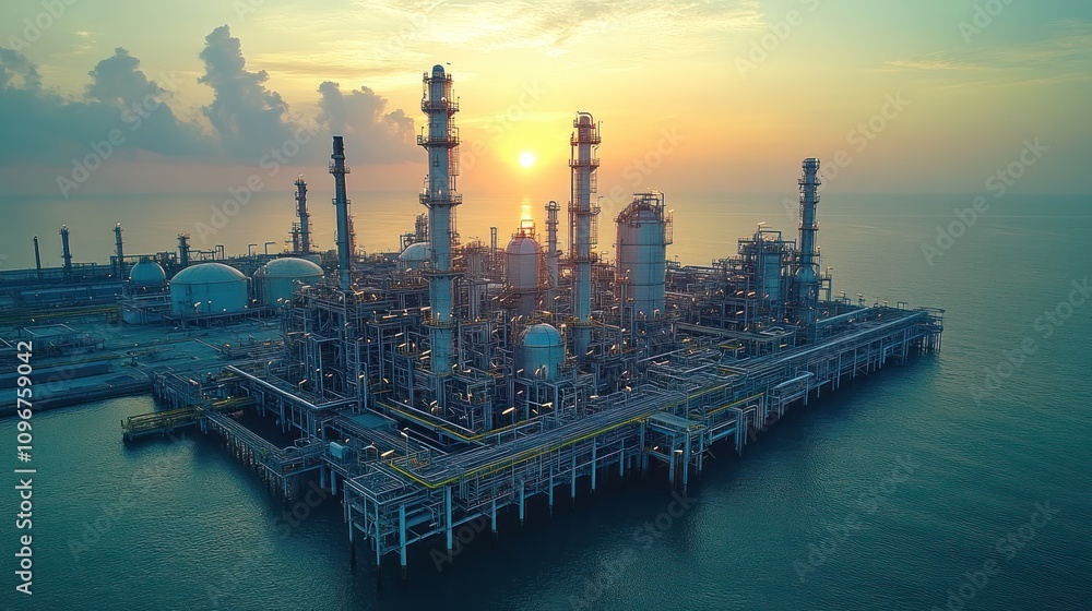 Obraz premium Offshore Refinery at Sunset: An Aerial View of Industrial Power