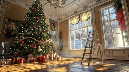 Wallpaper Mural Stylish interior of living room with fireplace decorated Christmas tree. Christmas decoration.
 Torontodigital.ca