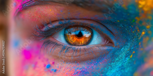 A mesmerizing close-up of an eye surrounded by vibrant paint splashes, showcasing artistic expression, creativity, and the beauty of human diversity.