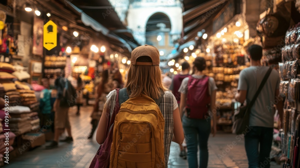 traveler with yellow backpack explores bustling market filled with vibrant lights and diverse goods, creating lively atmosphere. scene captures essence of adventure and cultural discovery traveler with yellow backpack explores bustling market filled with vibrant lights and diverse goods, creating lively atmosphere. scene captures essence of adventure and cultural discovery