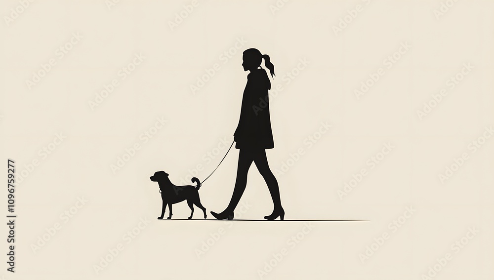 Black silhouette of a woman walking with a dog on a leash, vector illustration in a simple, flat style design, graphic art poster print Black silhouette of a woman walking with a dog on a leash, vector illustration in a simple, flat style design, graphic art poster print