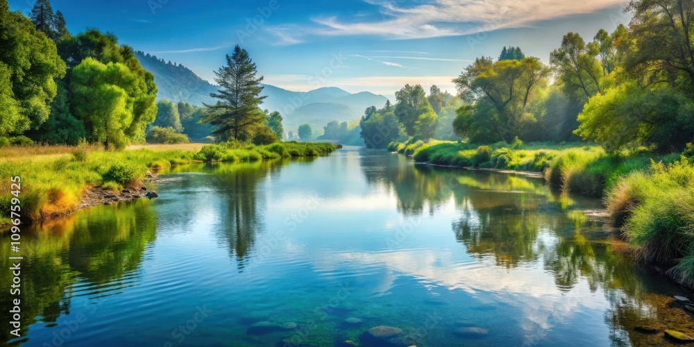 Obraz premium A winding river flows through a lush green valley, reflecting the blue sky and puffy clouds, creating a tranquil and serene landscape.