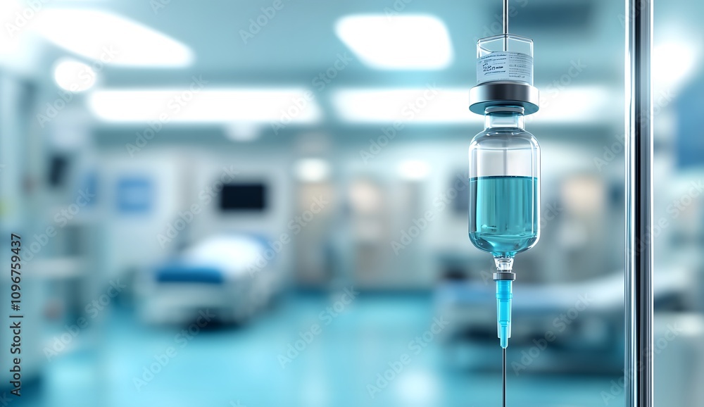 Close-up of an IV bag and liquid mixture on a medical background,. The background is blurred, suggesting a hospital room. Close-up of an IV bag and liquid mixture on a medical background,. The background is blurred, suggesting a hospital room.