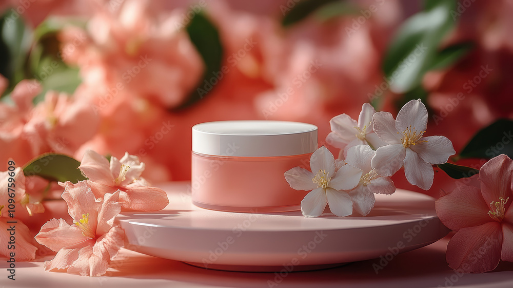 A small jar of pink cream sits on a white plate in front of a bunch of pink flowers. The flowers are arranged in a way that they complement the jar and the cream, creating a visually appealing A small jar of pink cream sits on a white plate in front of a bunch of pink flowers. The flowers are arranged in a way that they complement the jar and the cream, creating a visually appealing
