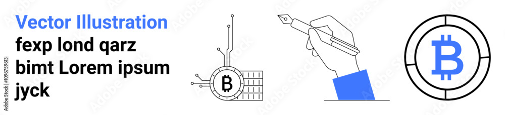 Hand drawing with blue sleeve, Bitcoin symbol inside a digital network, circuit, text Lorem ipsum. Ideal for fintech websites, cryptocurrency blogs, Blockchain presentations, tech startups, financial Hand drawing with blue sleeve, Bitcoin symbol inside a digital network, circuit, text Lorem ipsum. Ideal for fintech websites, cryptocurrency blogs, Blockchain presentations, tech startups, financial