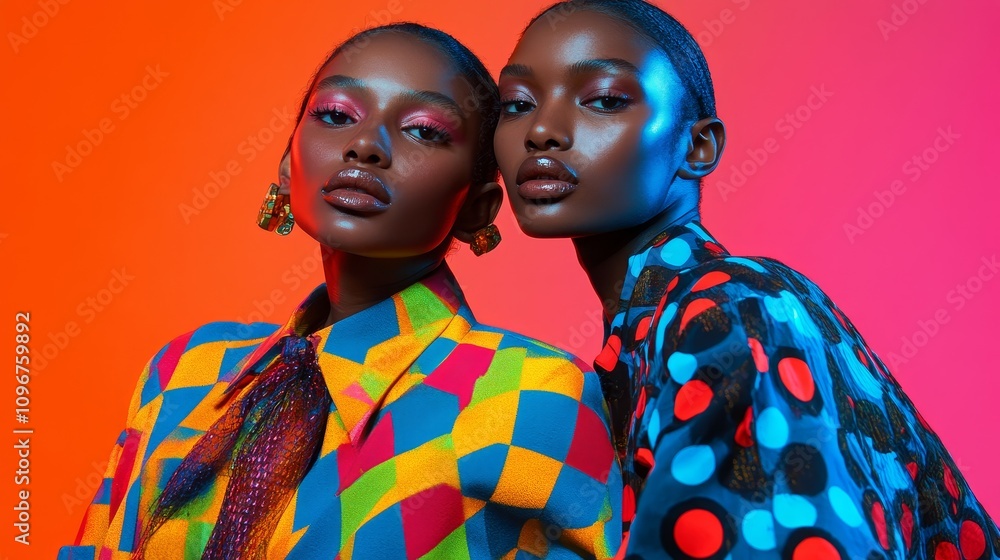 Dramatic Twin Models in Bold Contrasts: Vibrant Editorial Pose with Expressive Lighting Dramatic Twin Models in Bold Contrasts: Vibrant Editorial Pose with Expressive Lighting