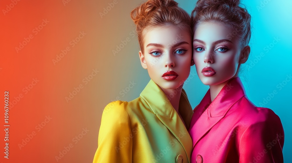 Fototapeta premium Dynamic Fashion Twins: Radiant Elegance in Modern Attire with Intense Stares and Vivid Lighting