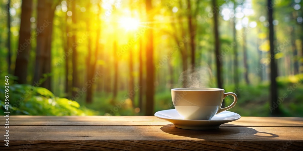 A steaming cup of coffee on a wooden table with a backdrop of a sunlit forest A steaming cup of coffee on a wooden table with a backdrop of a sunlit forest