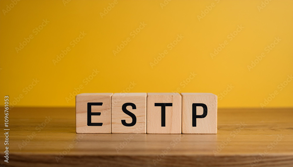 Wooden cubes with abbreviation ESTP on table. Extraverted, Sensing, Thinking, Perceiving. Wooden cubes with abbreviation ESTP on table. Extraverted, Sensing, Thinking, Perceiving.