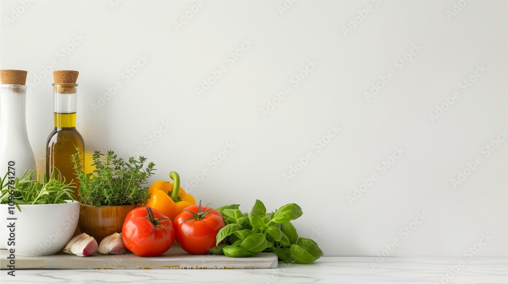 Fresh Produce Kitchen Still Life: A vibrant arrangement of fresh vegetables, herbs, and kitchen tools on a sleek countertop, ready to inspire healthy and delicious meals. Fresh Produce Kitchen Still Life: A vibrant arrangement of fresh vegetables, herbs, and kitchen tools on a sleek countertop, ready to inspire healthy and delicious meals.