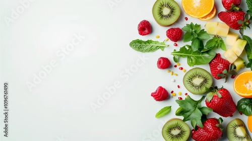 Fototapeta Naklejka Na Ścianę i Meble -  Vibrant Fruit Fiesta: A vibrant mix of fresh, juicy fruits like strawberries, oranges, grapefruits, and limes create a delicious and healthy border.