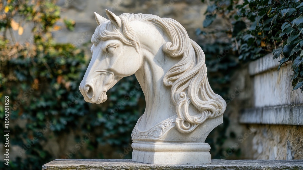 A marble sculpture of a horse's head, elegantly detailed, set against a natural backdrop. A marble sculpture of a horse's head, elegantly detailed, set against a natural backdrop.