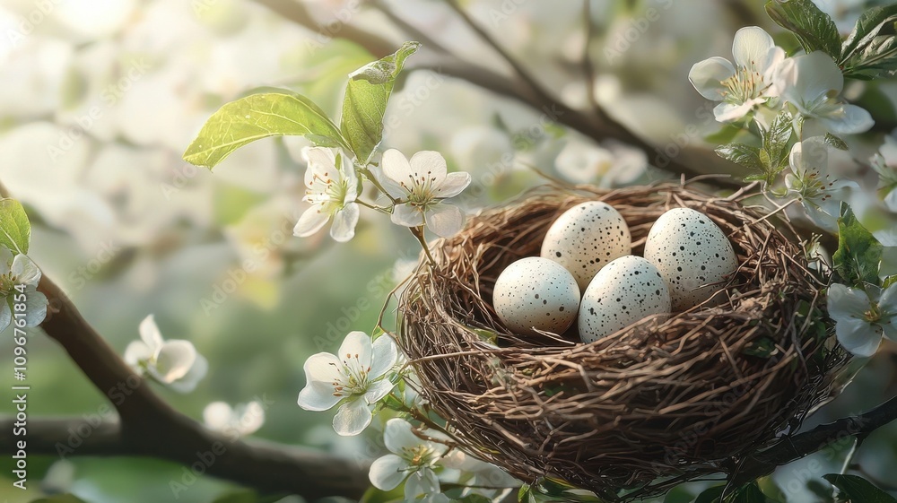 Fototapeta premium Bird's Nest with Speckled Easter Eggs