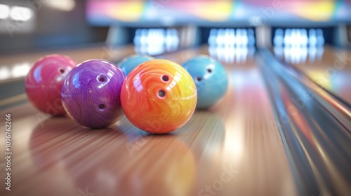 A bowling ball with a colorful design sits on a wooden lane photo