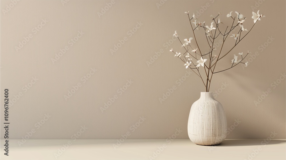 Serene Minimalism: A trio of elegant, off-white ceramic vessels, artfully arranged on a light wooden tray, featuring delicate pink sprigs in a statement vase. Serene Minimalism: A trio of elegant, off-white ceramic vessels, artfully arranged on a light wooden tray, featuring delicate pink sprigs in a statement vase.