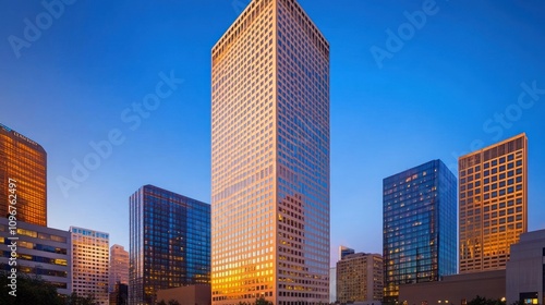 A modern skyscraper reflecting sunset hues amidst city buildings.