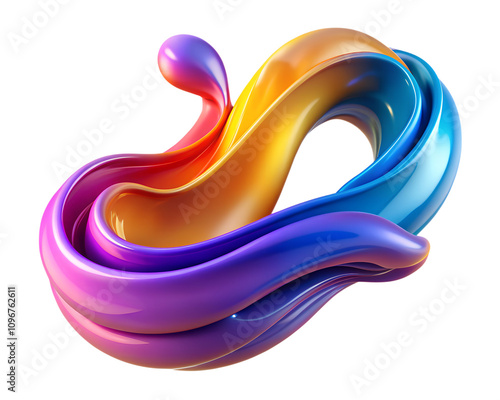 A colorful 3D shape with a ribbon like design, featuring shades of blue, purple, orange, and red. The glossy surface adds depth and fluidity.