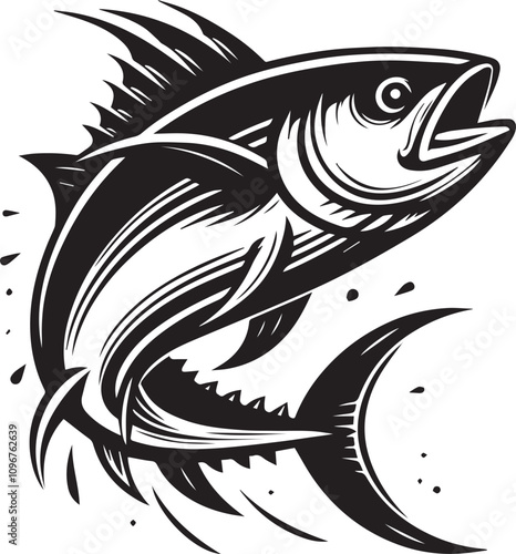 A tuna with a joyful leap arched body and exaggerated fins vector silhouette