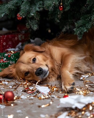 Golden Retriever puppy under the Christmas tree, surrounded by festive chaos.