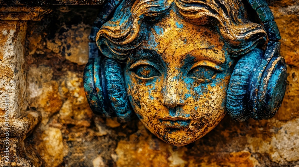 A close up of a statue of a woman with headphones on A close up of a statue of a woman with headphones on