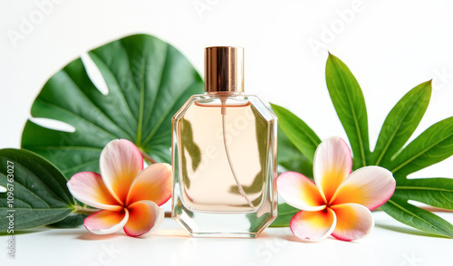 perfume bottle on a white background tropical leaves flowers