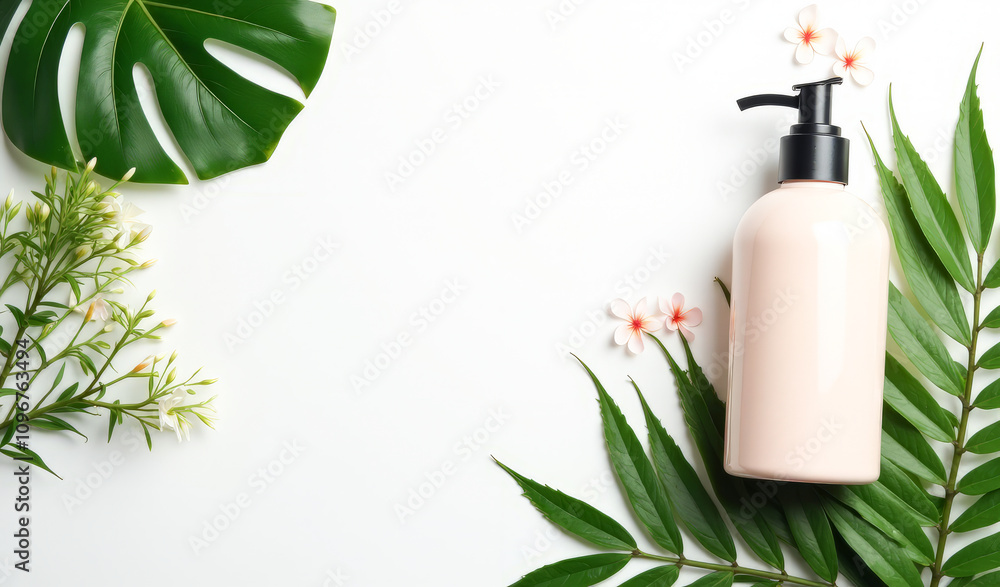 perfume bottle on a white background tropical leaves flowers perfume bottle on a white background tropical leaves flowers
