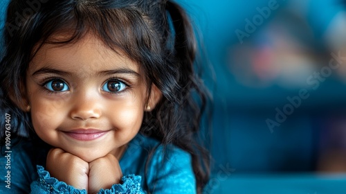 A little girl with blue eyes smiles at the camera