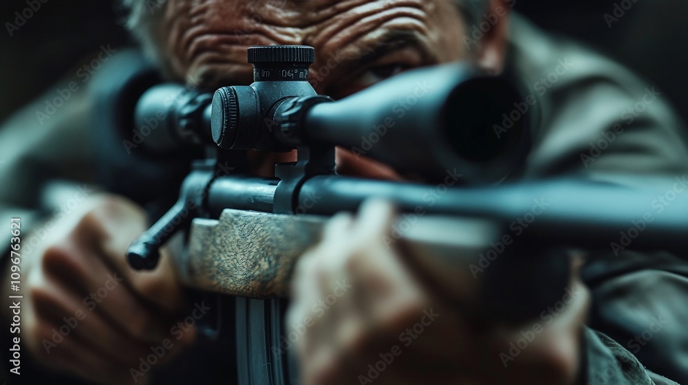 Close-up of a man aiming a rifle through a scope. Close-up of a man aiming a rifle through a scope.
