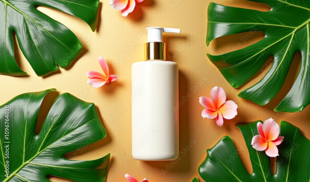 perfume bottle on a golden yellow background tropical leaves flowers perfume bottle on a golden yellow background tropical leaves flowers