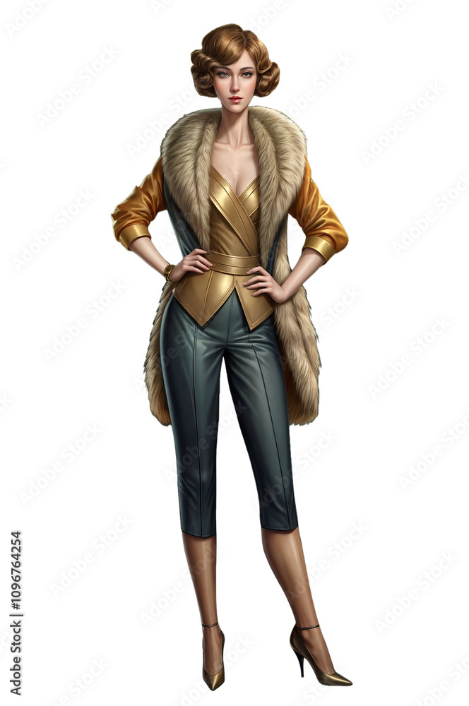 A character with 1920s inspired waves wears a gold corset, fur trimmed coat, and black pants. The transparent background highlights rich textures. A character with 1920s inspired waves wears a gold corset, fur trimmed coat, and black pants. The transparent background highlights rich textures.