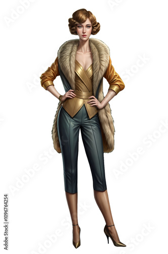 A character with 1920s inspired waves wears a gold corset, fur trimmed coat, and black pants. The transparent background highlights rich textures.