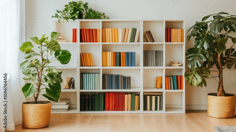 Vibrant Home Library with Lush Greenery Vibrant Home Library with Lush Greenery
