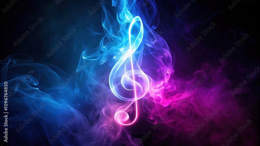Obraz premium A glowing treble clef formed by vibrant blue and purple smoke on a black background.