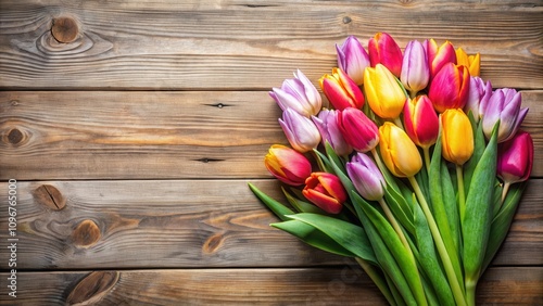 A vibrant bouquet of colorful tulips rests on a rustic wooden surface, creating a beautiful contrast of textures and colors.