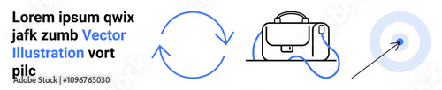 Text block with placeholder text, circular arrows signifying process flow, a backpack representing gear or resources, and a target with center hit symbolizing achievement. Ideal for corporate