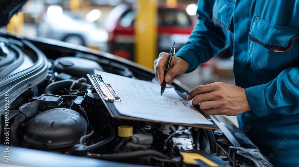 Auto Mechanic Performing Vehicle Inspection in Garage Auto Mechanic Performing Vehicle Inspection in Garage