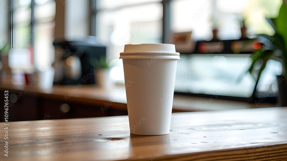 Empty coffee cup mockup on a wooden table, perfect for branding and design applications Empty coffee cup mockup on a wooden table, perfect for branding and design applications