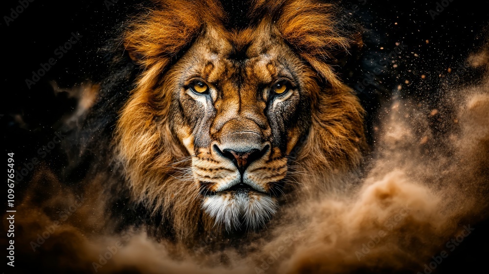  A close up of a lion's face in the dust