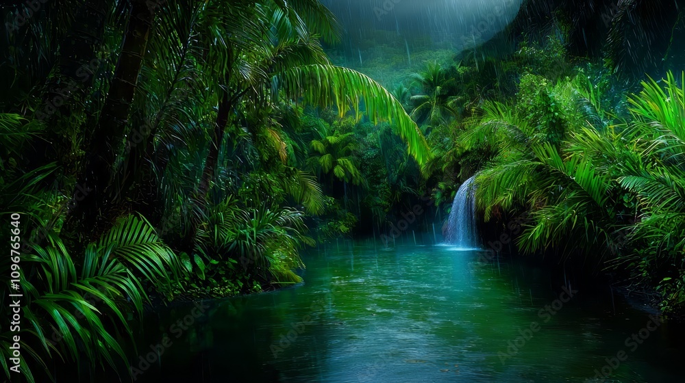 Fototapeta premium A small waterfall in the middle of a lush green forest